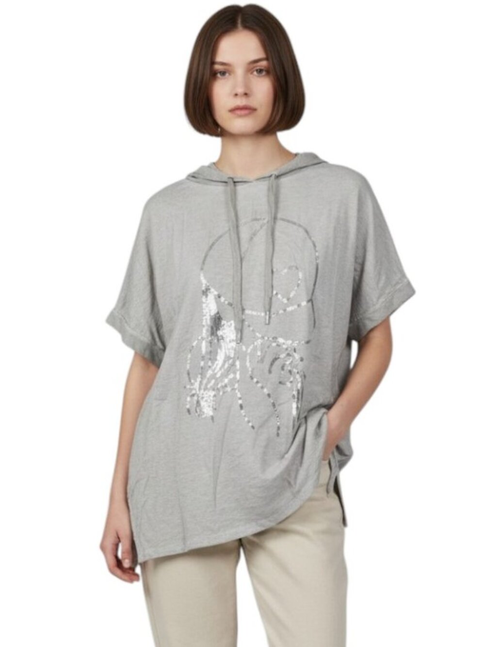 Womens Hoodie Relaxed Top Silver Foil Fashion Graphic Artsy Cotton Blend Italy